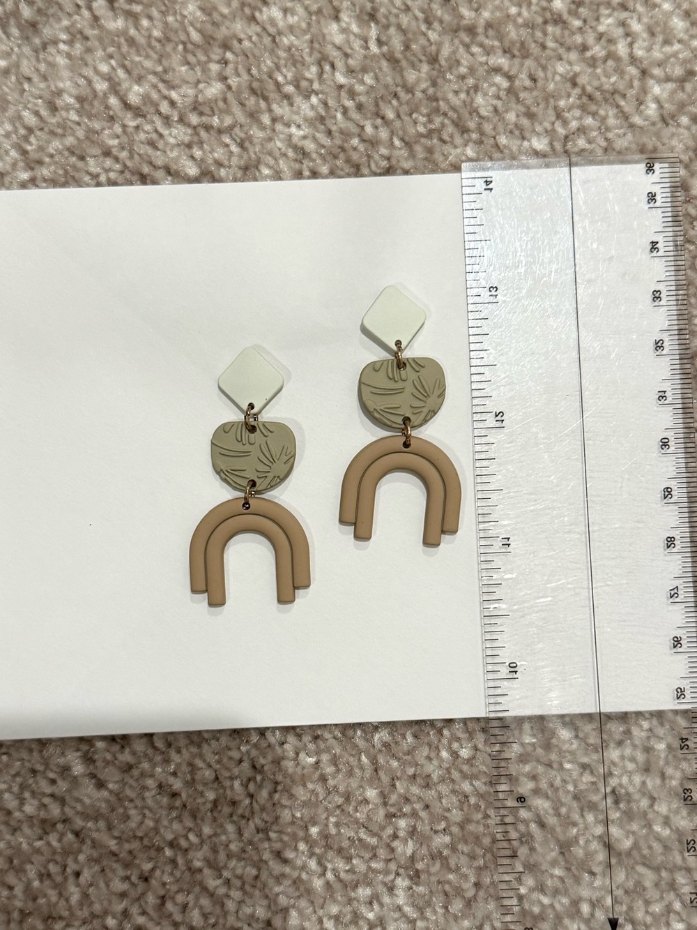 Neutral Beige & Sage Dangle Earrings - Stylish Polymer Arch Design